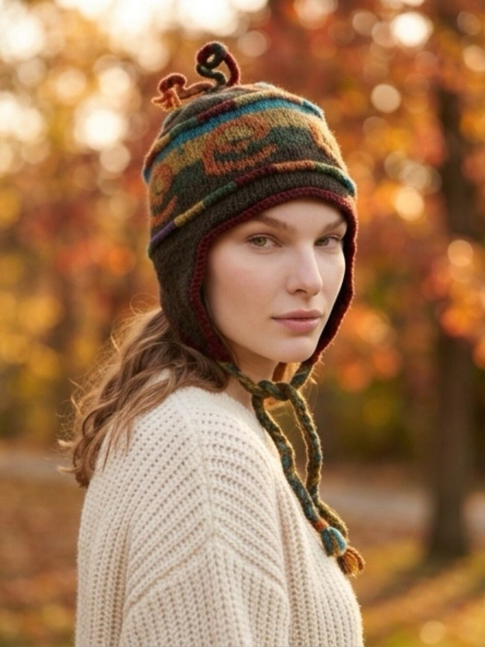 Lost Horizons Nepal Hat Unisex OS Wool Knit Handmade Multicolor Ear Flaps Winter